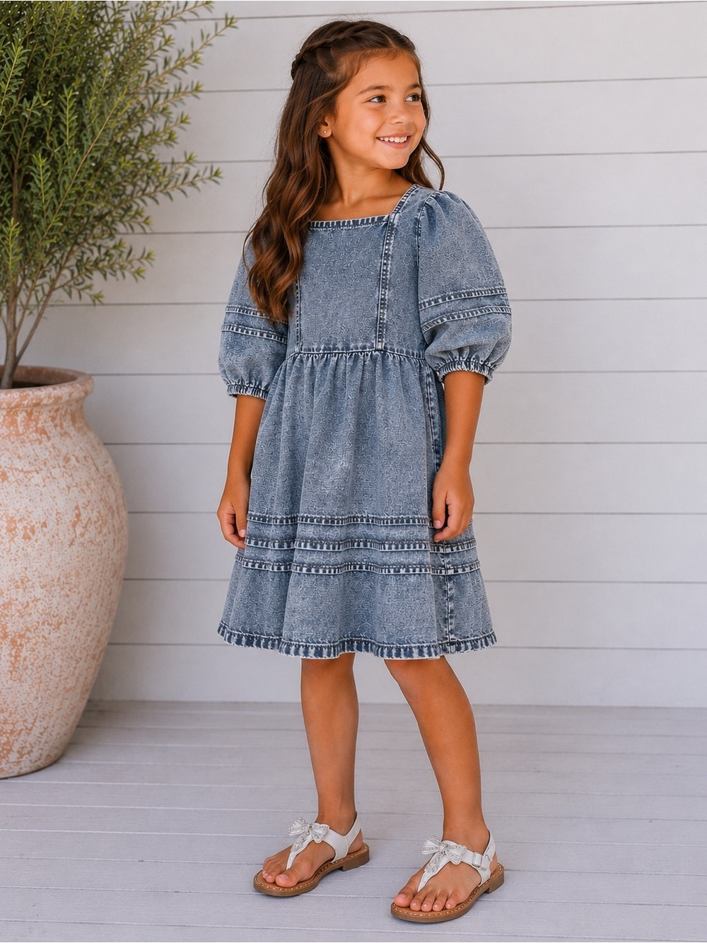 Chelsea & Violet Washed Denim Puff-Sleeve Tiered Dress - Blue